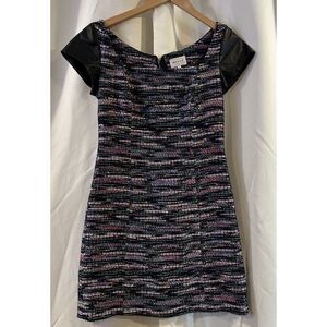 Milly Metallic Tweed A‎ Line Mini Dress Lamb Leather Short Sleeve Size 2